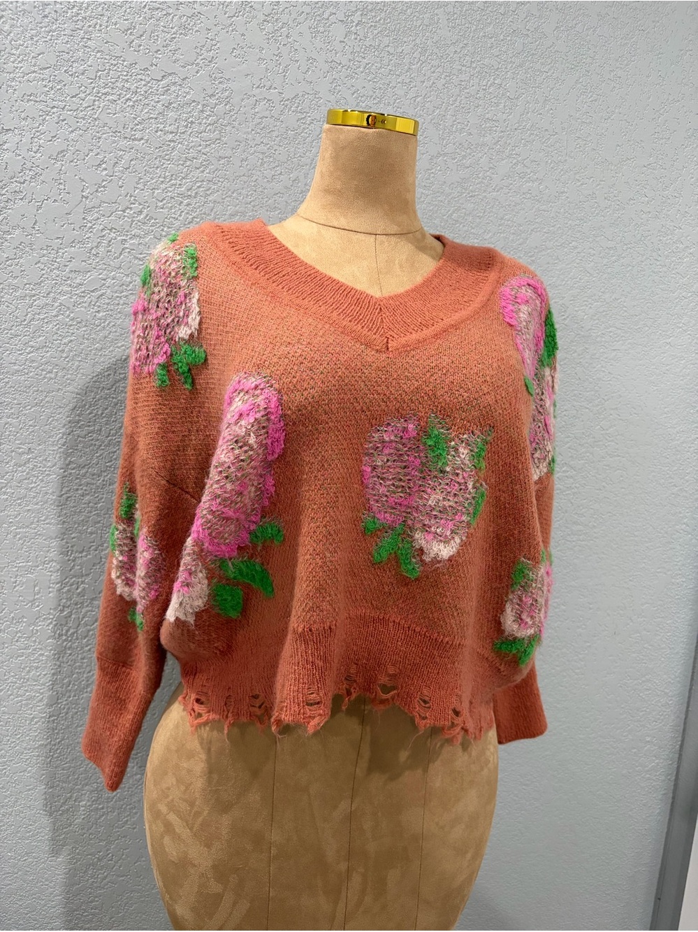 Anthropologie Coral V-Neck Sweater with Pink Floral Appliqués